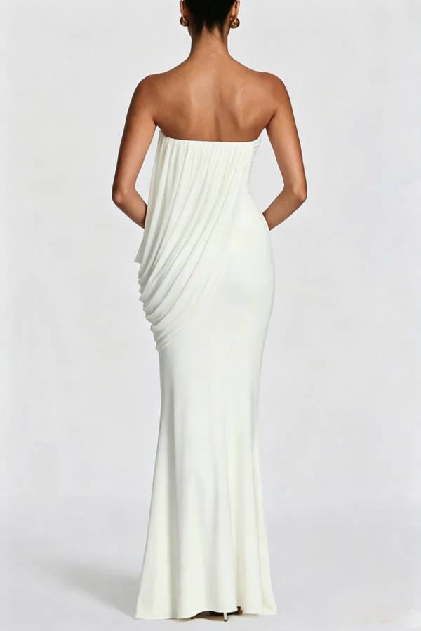 Vienna Modal Jersey Ruched Asymmetric Draped Mesh Strapless Maxi Dress