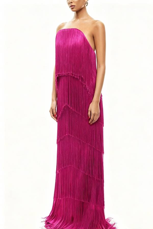 Party Queen Layered Tassel Design Off Shoulder Back Tie-up Maxi Dress