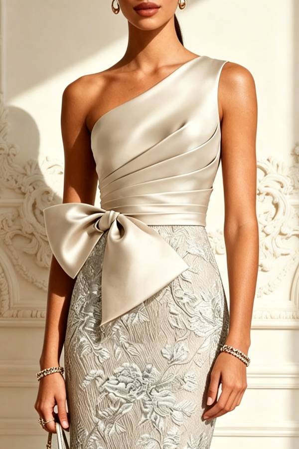 Found Love Satin One Shoulder Jacquard Bow Sleeveless Fitted Maxi Dress