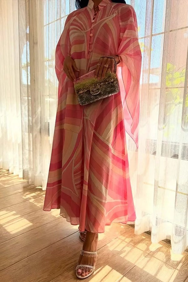 Jodie Chiffon Unique Print Stand Neck Buttons Butterfly Sleeves Kaftan Maxi Dress