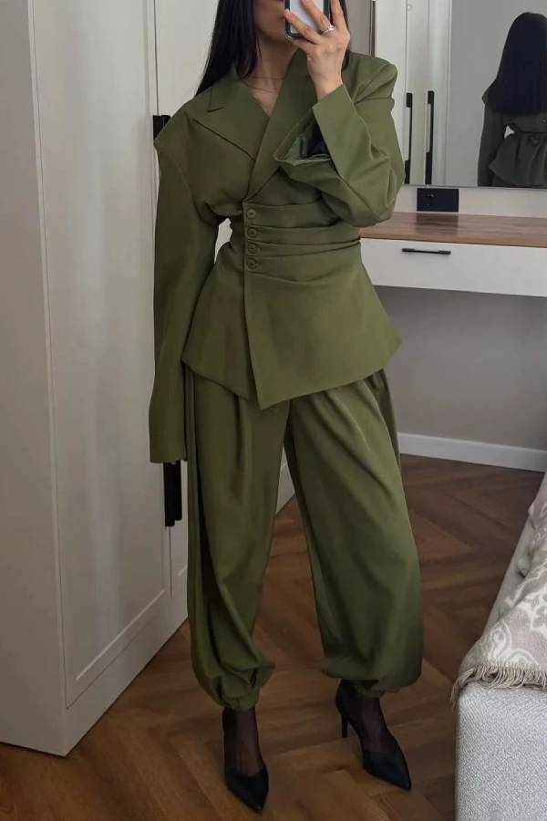 Waist‑Cinched Blazer Set, Structured Blazer & Cuffed Harem Pants Two‑Piece Outfit