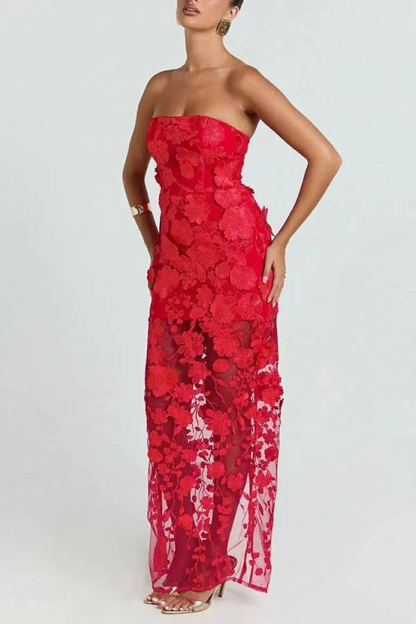 Sienna Floral Embroidered Fabric Off Shoulder Mermaid Silhouette Slit Maxi Dress