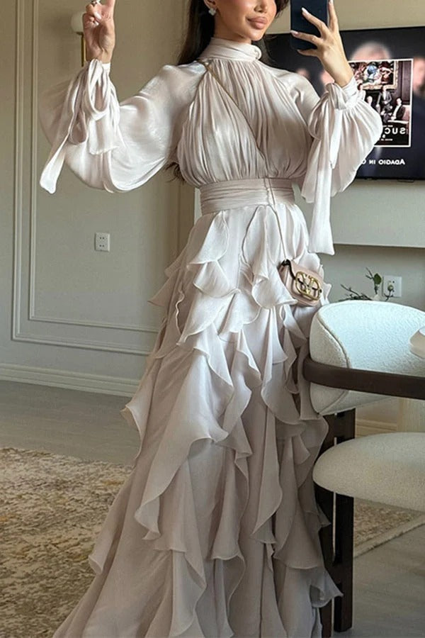 Jessica Shimmering Fabric Tiered Ruffles High Neck Long Sleeve Drape Maxi Dress