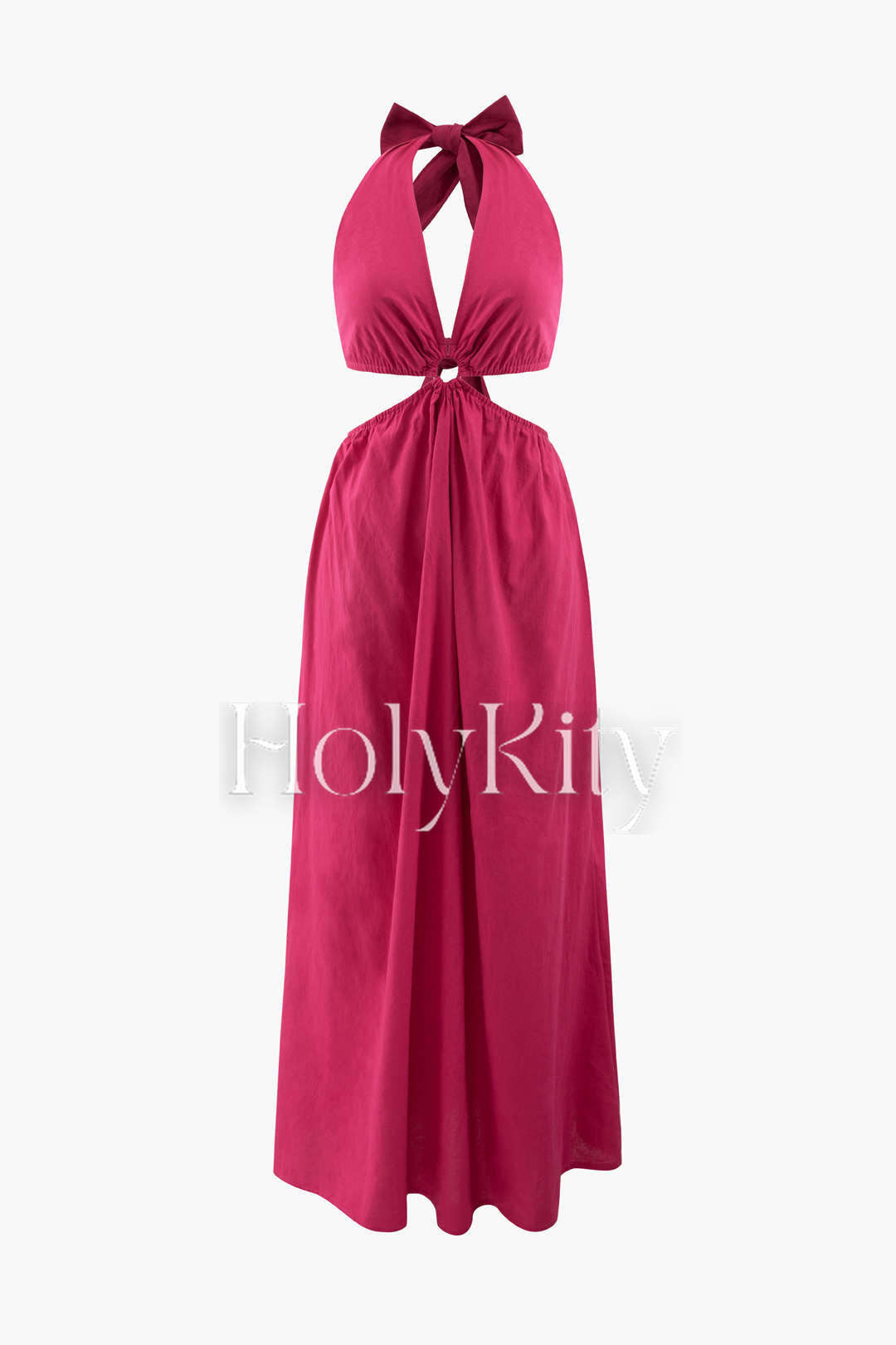 Linen-Blend Tie Back Cut Out Halter Maxi Dress
