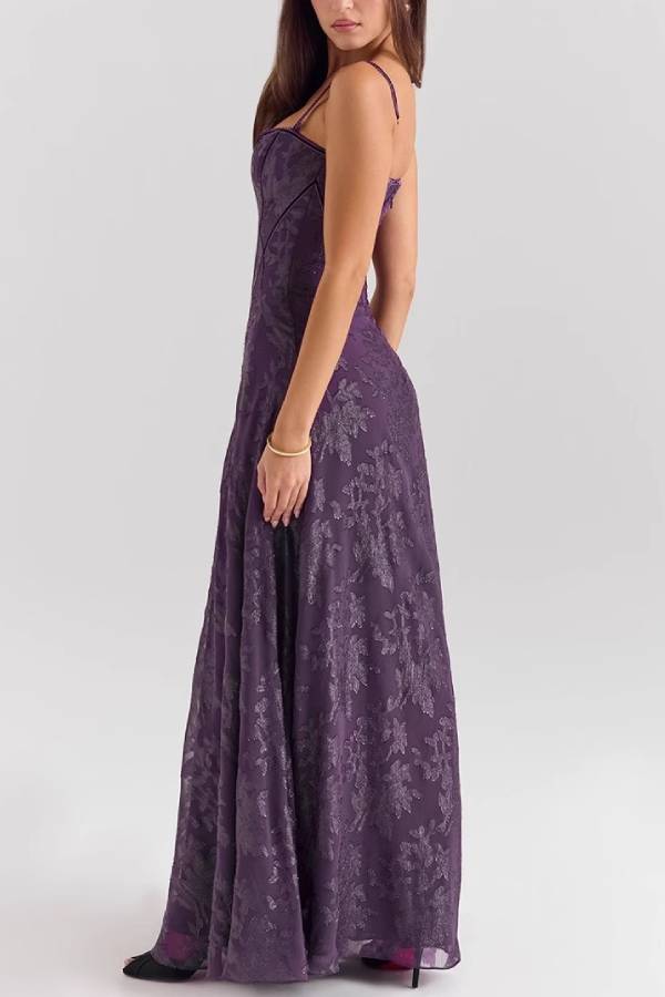 Jacquard Corset-Waist A-Line Maxi Dress