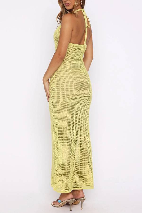Halter Neck Hollow-Out Knit Dress with 3D Floral Embroidery
