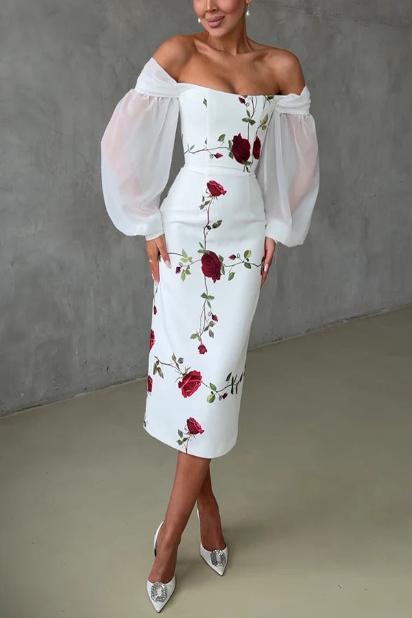Ellie Rose Print Tulle Lantern Sleeves Off Shoulder Pencil Midi Dress