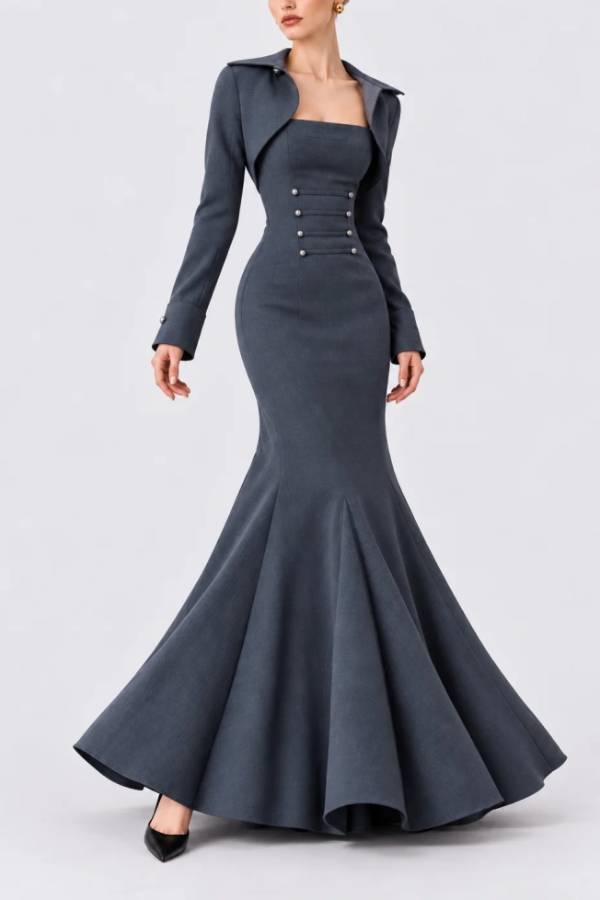Charcoal Grey Cropped Bolero Jacket and Mermaid Maxi Dress Two Piece Set