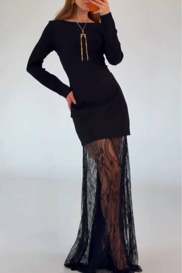 Black Long Sleeve Boat Neck Bodycon Maxi Dress with Sheer Lace Hem