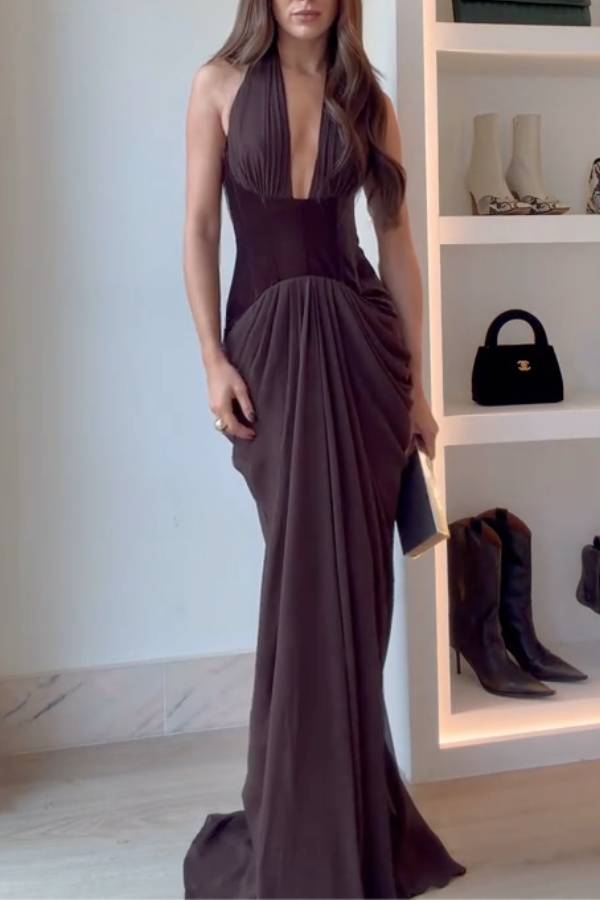 Halter Deep V Ruched Evening Dress