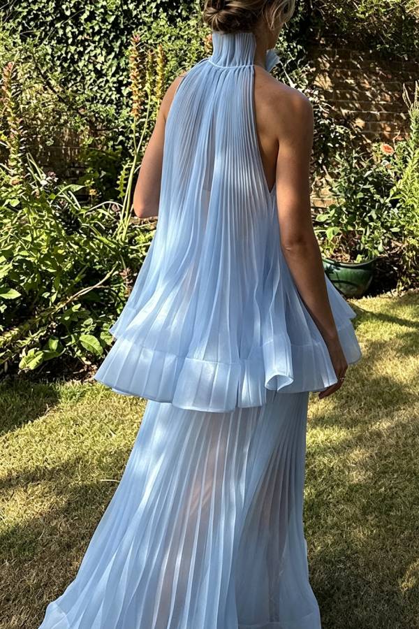 Evelyn Tulle Pleated Fabric High Neck A-line Tank and Elastic Waist A-line Maxi Skirt Set