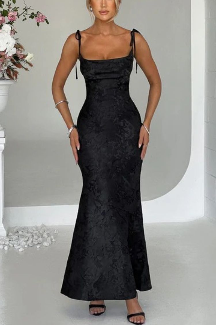 Jacquard Fabric Elegant Suspender Tie Slim Fishtail Maxi Dress