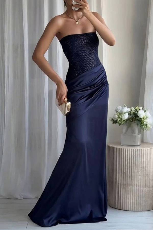 Elegant Strapless Rhinestone Pleated Party Dress