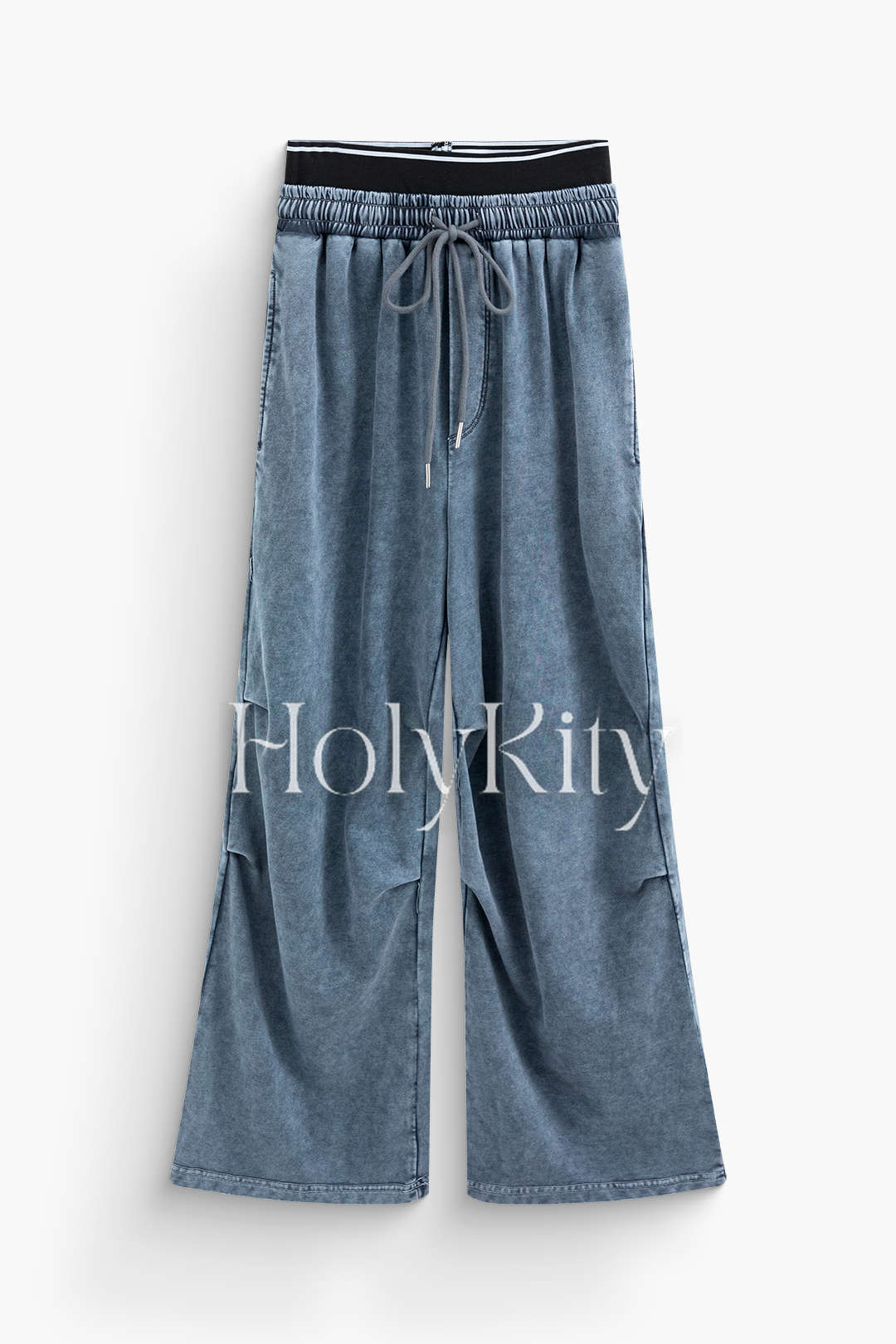 Contrast Tie Waist Ruched Trim Straight Leg Pants