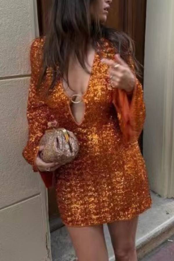 Deep V O-Ring Cutout Flare Sleeve Sequin Mini Dress Club Party Night Gown
