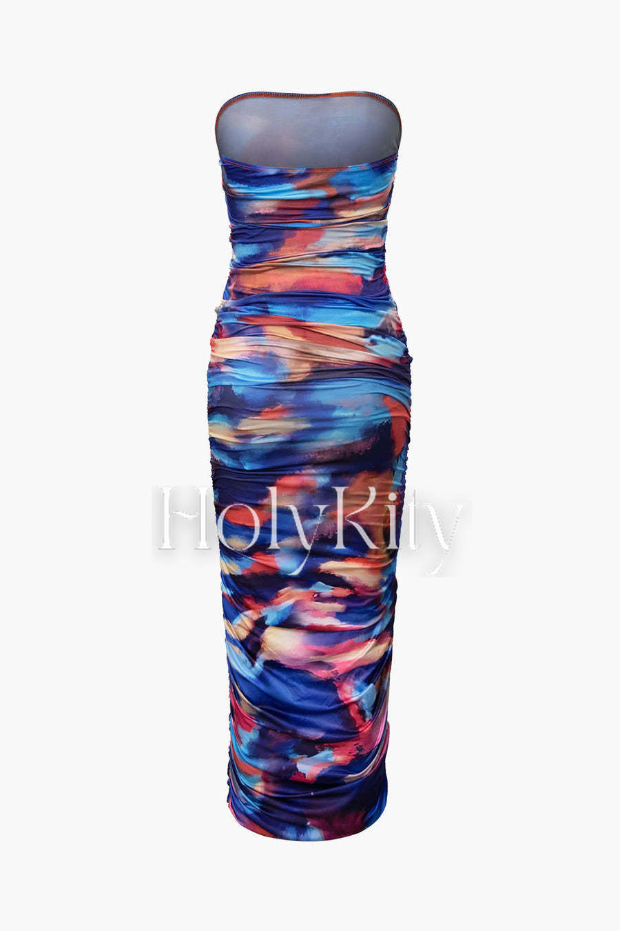 Trägerloses Maxikleid mit Batikmuster und Rüschen und Handschuhen