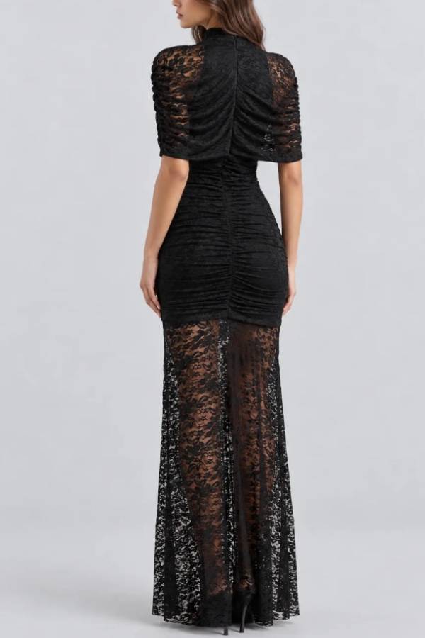 High Neck Ruched Black Floral Lace Semi Sheer Column Maxi Dress