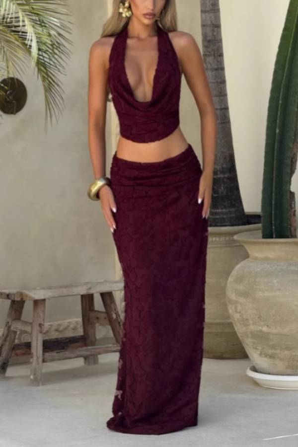 Halter Cowl Neck 3D Floral Lace Crop Top & Mermaid Maxi Skirt Two-Piece Set