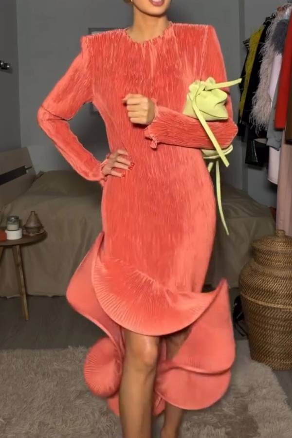 Long Sleeve Pleated High Low Dress with Sculptural Ruffle Hem