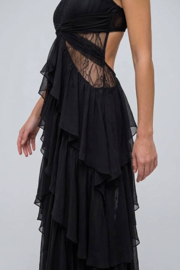 Vintage Brocade Cropped Jacket and Ruffle Maxi Dress Two Piece Set