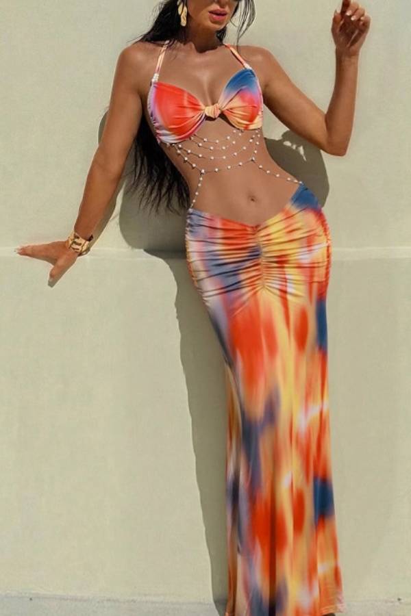 Halter Tie Bikini Ruched Maxi Skirt Vacation Two-Piece Set
