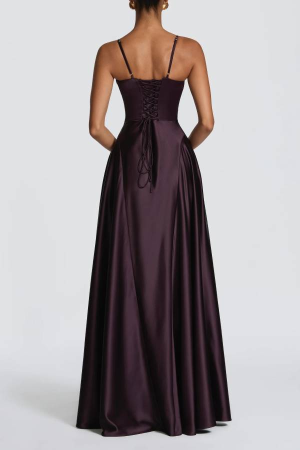 Asterin Satin V-neck Back Lace-up Slip Flare Maxi Dress