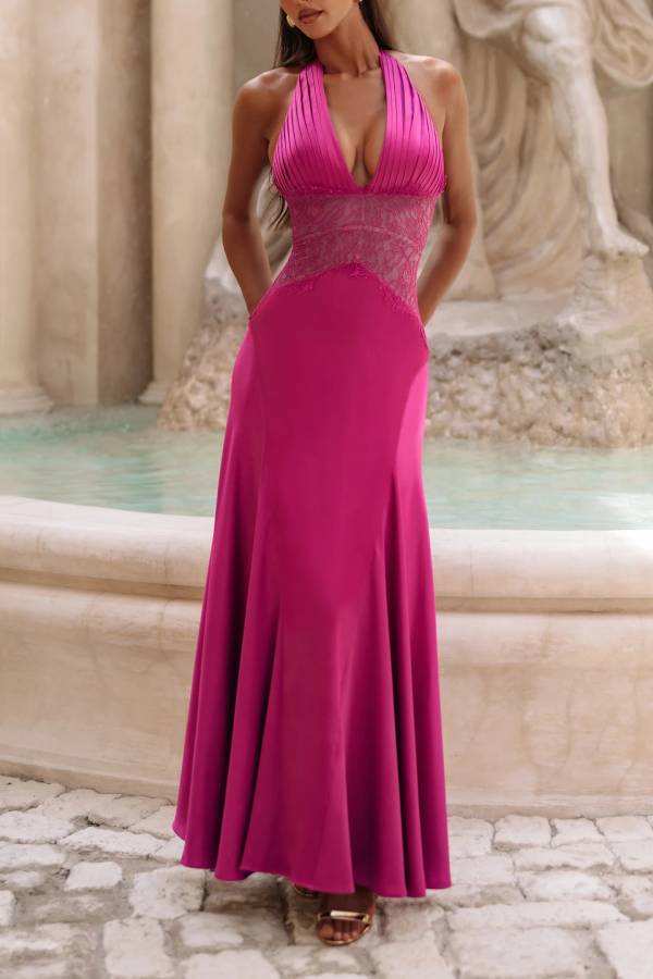 Virella Satin Lace Waist Pleated Halter Neck Straps Back Lace-up Maxi Dress