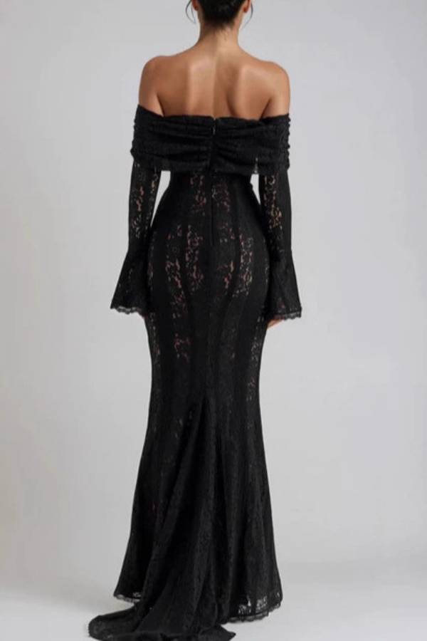 Off‑Shoulder Lace Flare Sleeve Mermaid Evening Gown