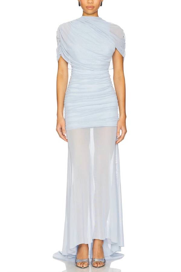 Elegant Ruched Sheer Panel Short-Sleeve Maxi Dress