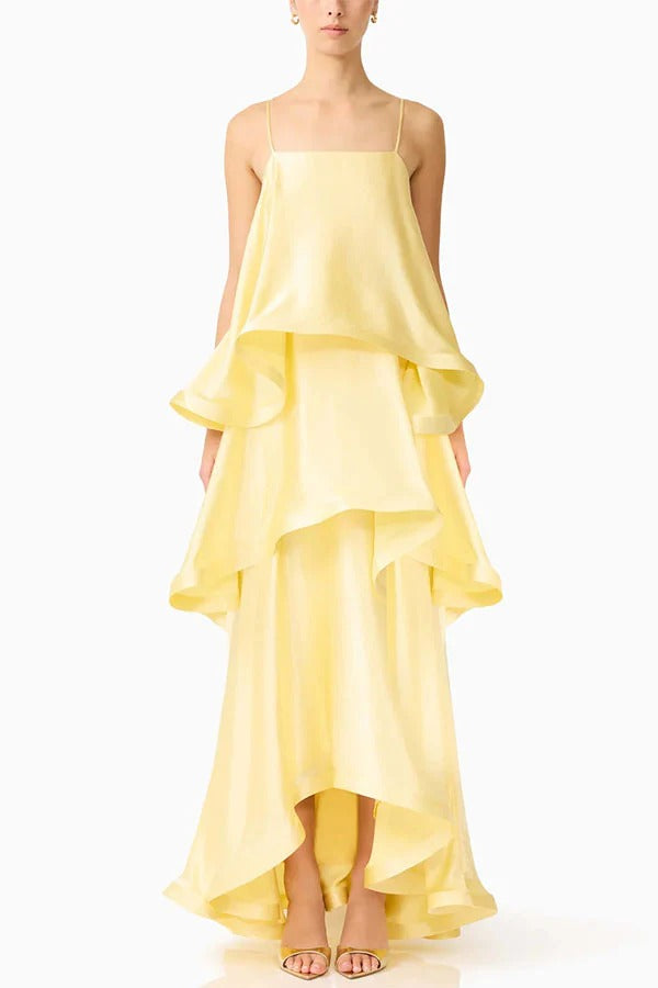 Soft and Smooth Satin Tiered Slip Square Neck A-line Maxi Dress