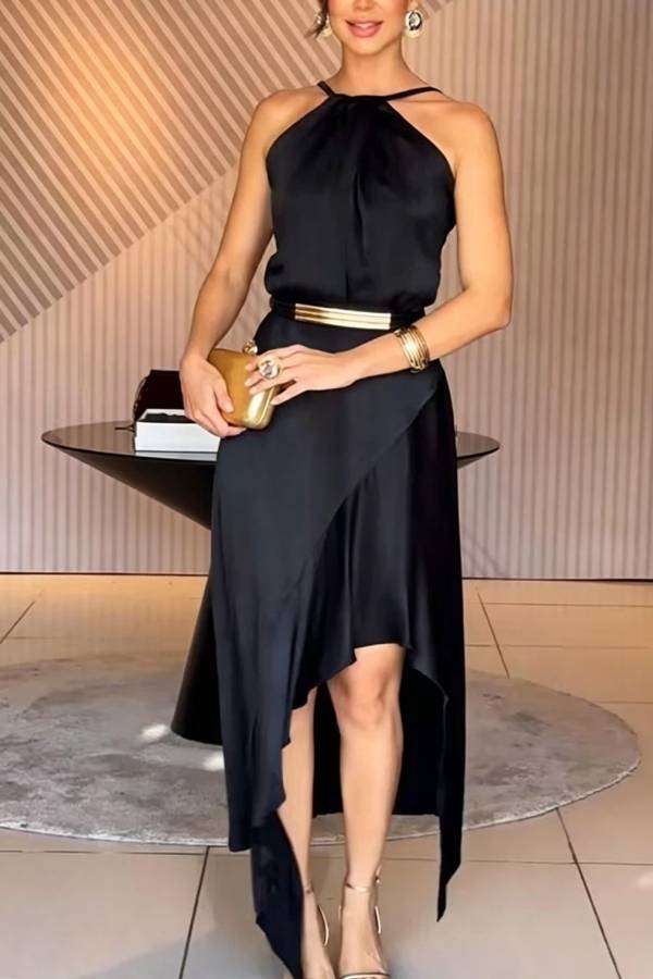 Terez Satin Metallic Belt Halter Neck Irregular Hem Slit Maxi Dress