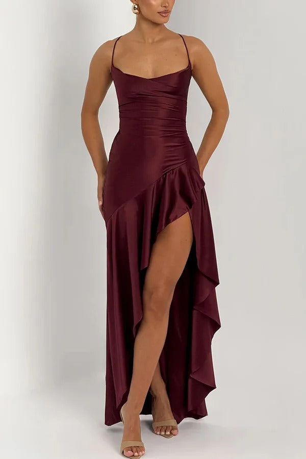 Solid Color Sexy Backless Lace-up Irregular Ruffled Maxi Dress