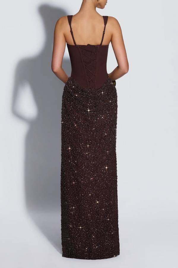 Yeona Square Neck Back Lace-up Sequin Embellished Drape Cowl Overlay Maxi Dress