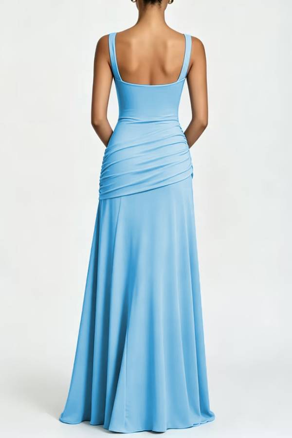 Square Neck Cross Ruched Waist Chiffon Evening Gown