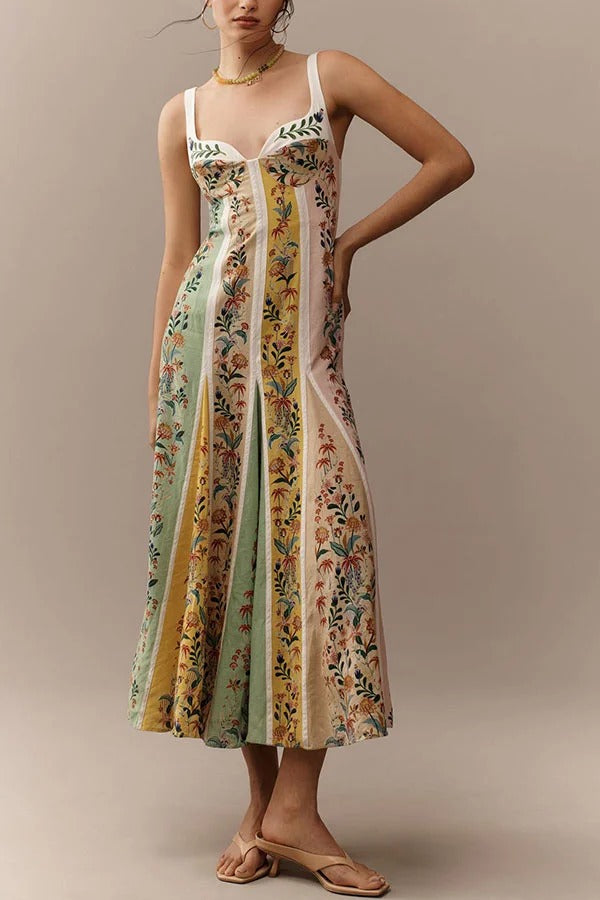 Sweet Garden Linen Blend Color Block Floral Paneled Maxi Dress