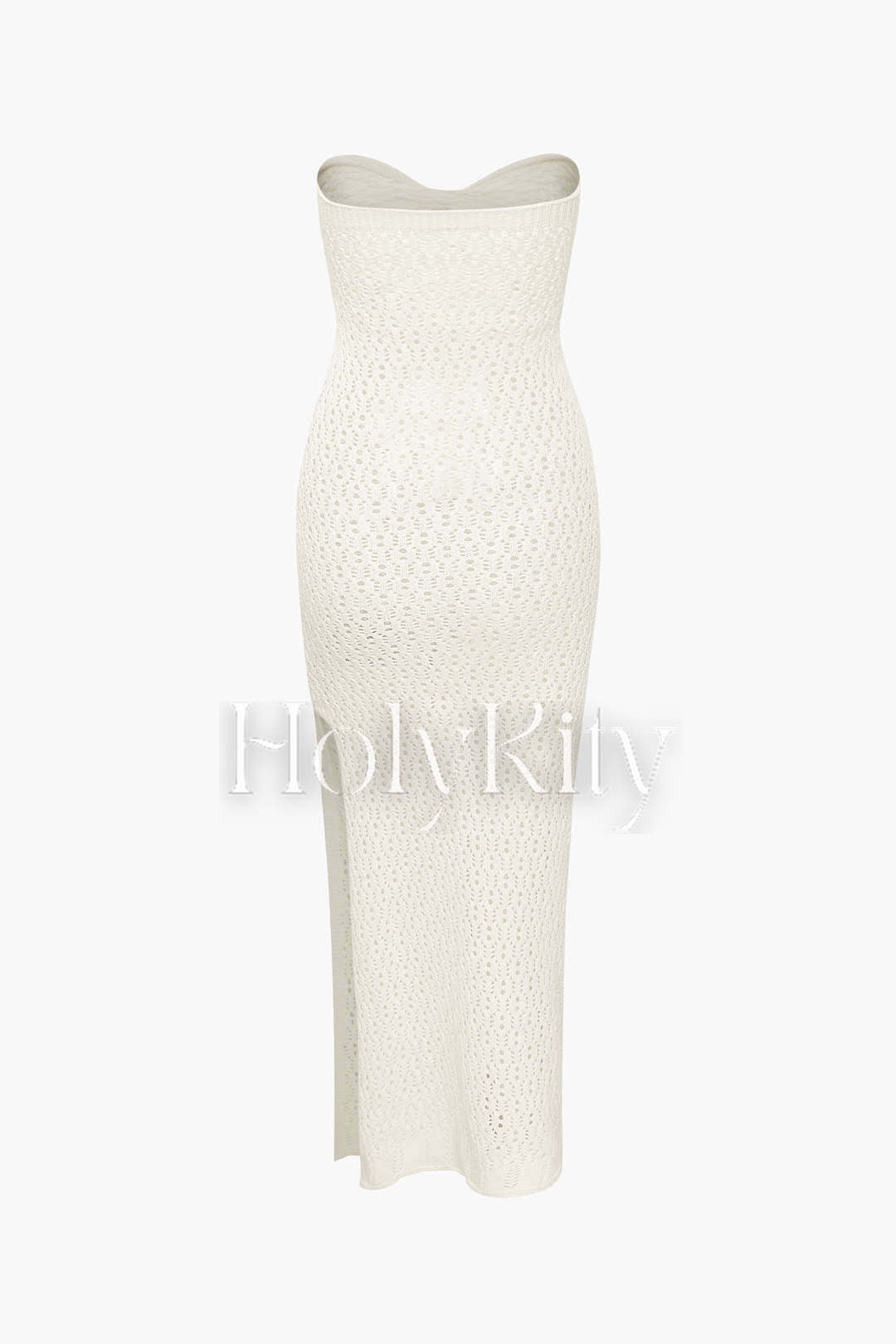 Trägerloses Maxikleid aus Strick mit verdrehter Vorderseite