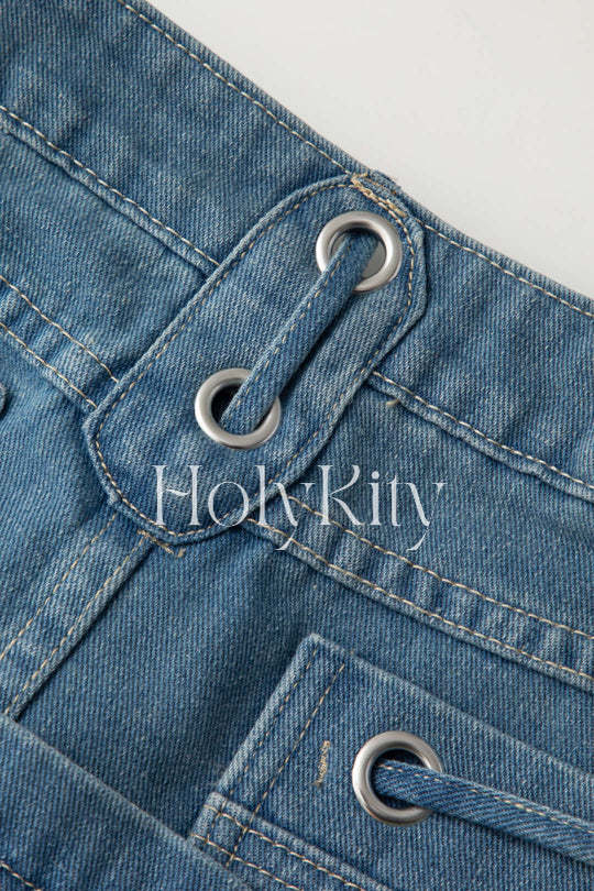 Eyelet Tie Denim Mini Skirt