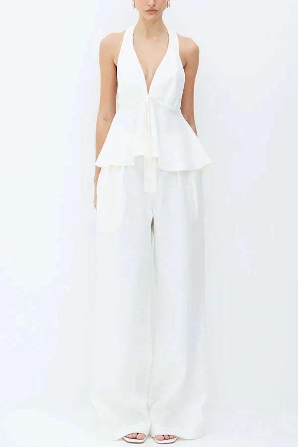 Sakai Linen Blend Bow Ruffle Hem Halter Top and High Rise Pocket Wide Leg Pants Set