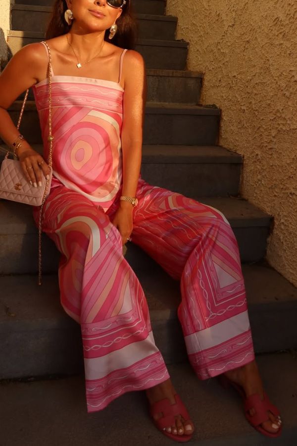 Caroline Satin Unique Print Scarf Tank and Elastic Waist Wide Leg Pants Set