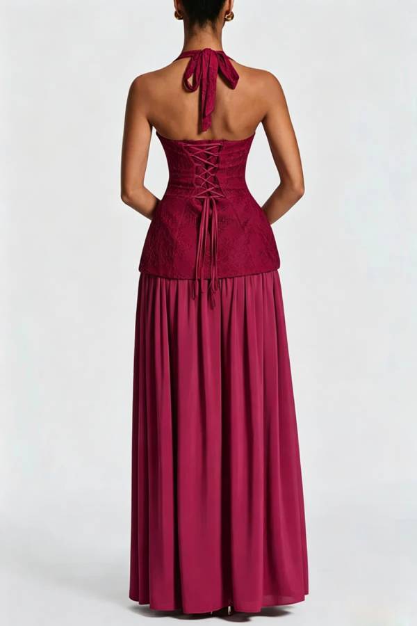 Almira Crepe and Lace Bodice Back Lace-up Chiffon Pleated Hem Maxi Dress