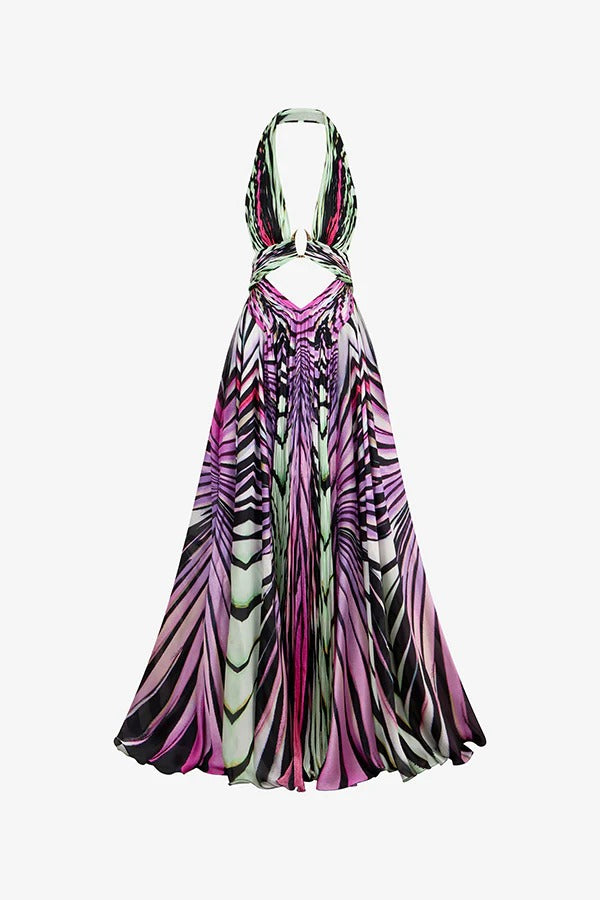 Light of Paradise Fluid Line Print Cutout Gold-tone Fang Emblem Halter Backless Maxi Dress