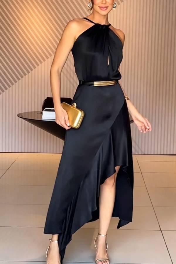 Terez Satin Metallic Belt Halter Neck Irregular Hem Slit Maxi Dress