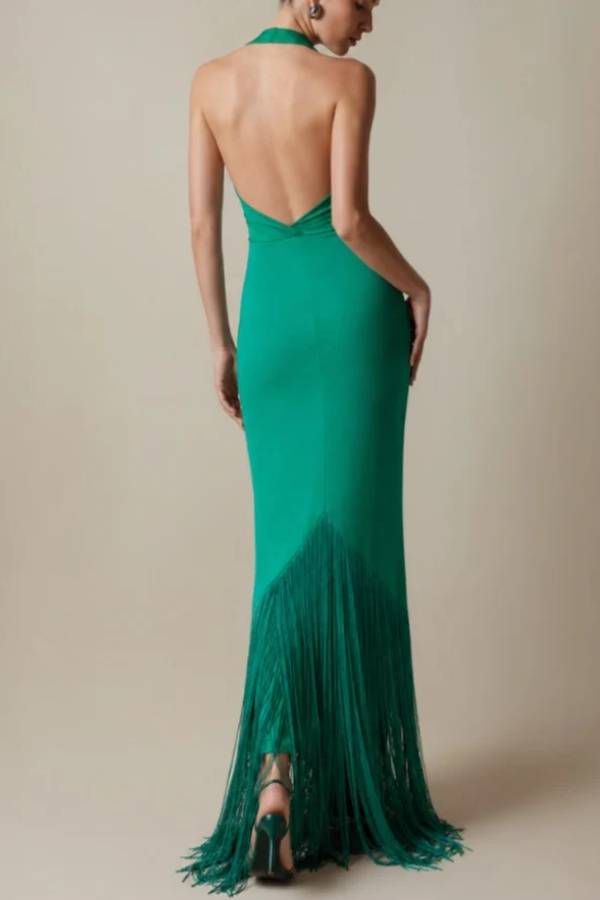 Elegant green deep-V-neck halter maxi dress with fringe