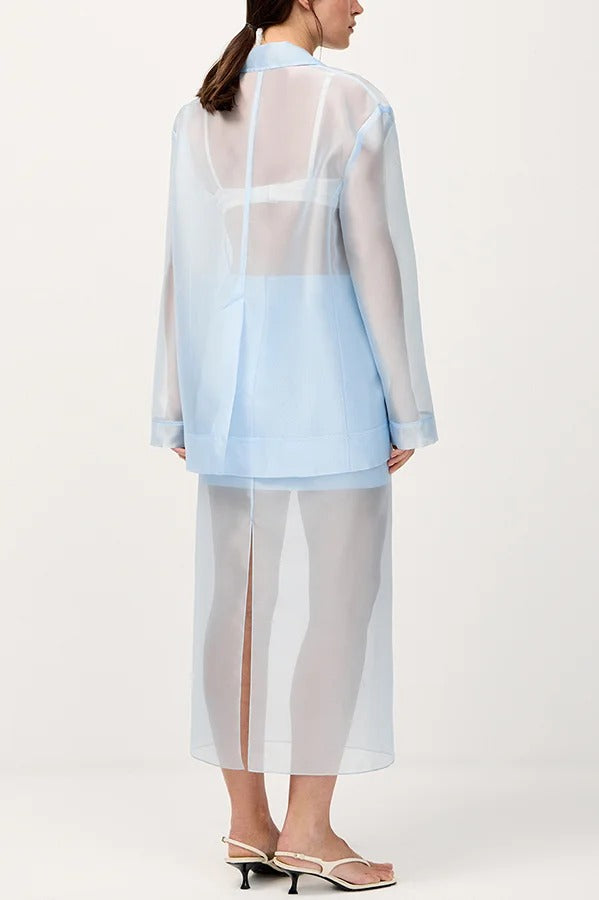 Simple and Light See-through Fabric Mid Rise Pencil Slit Midi Skirt