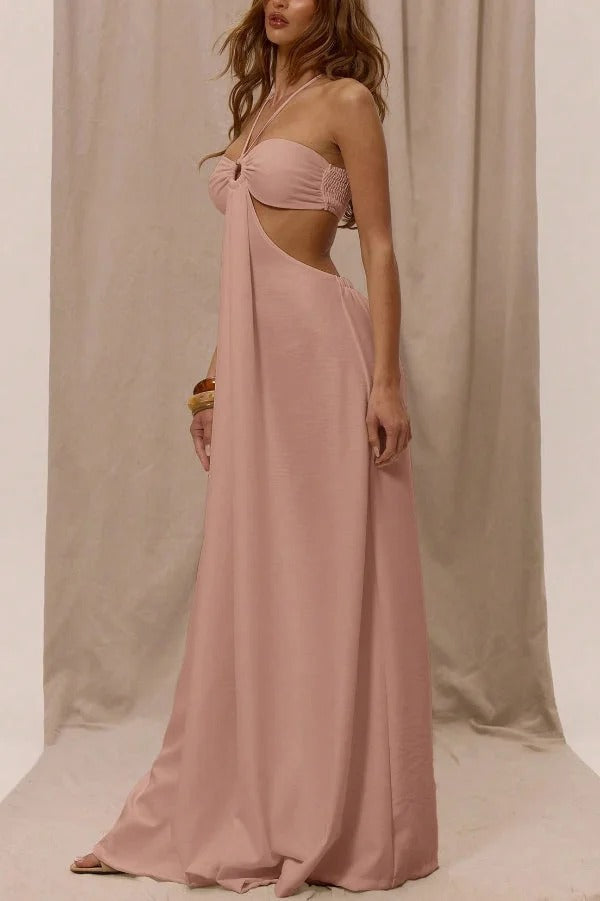 Solid Color Halter Neck Cutout Casual Loose Wide-leg Jumpsuit