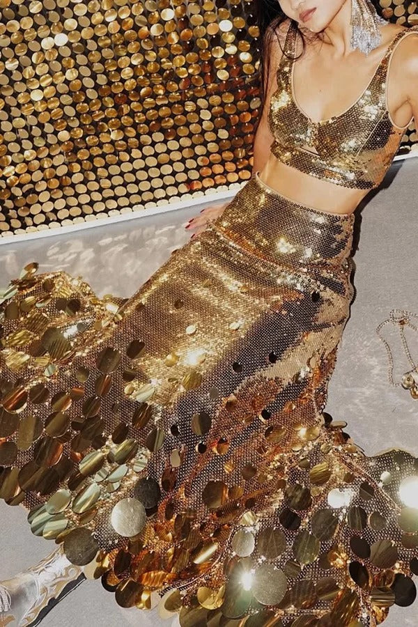 Party Sequin Button Crop Tank and Irregular Round Sequin Tassels Hem Maxi Skirt Set