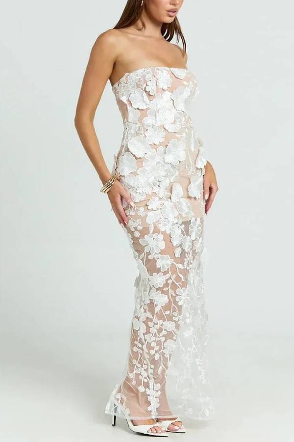 Sienna Floral Embroidered Fabric Off Shoulder Mermaid Silhouette Slit Maxi Dress