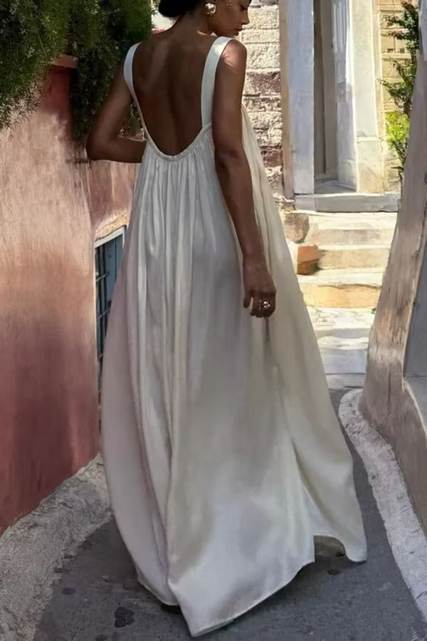 Pearlescent Luster Satin Wide Strap Open Back Loose Maxi Dress