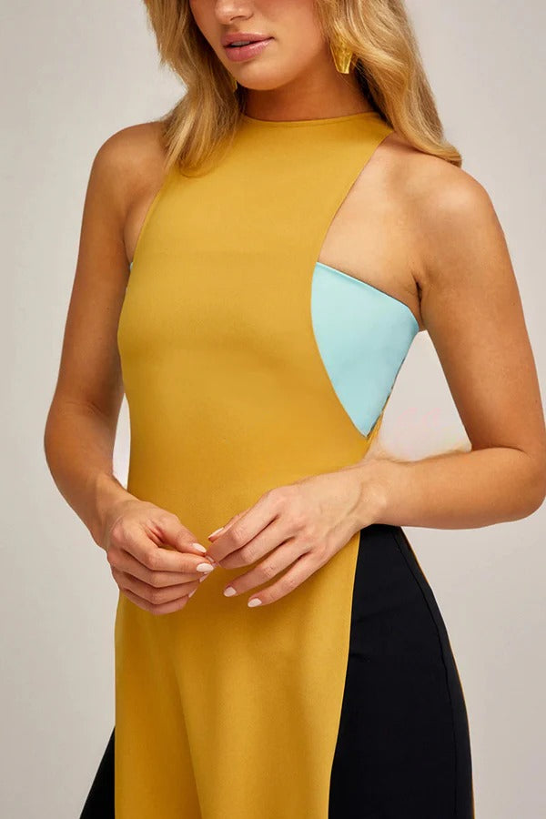 Fashionable Contrast Color Stitching Sleeveless Slim Maxi Dress