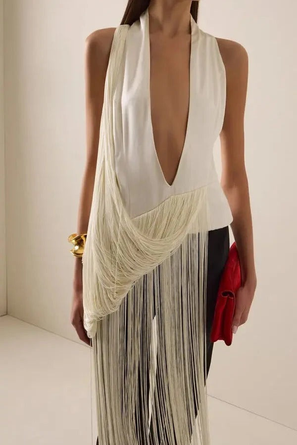 Dramatic Effect Plung Neck Sleeveless Irregular Draped Tassels Midi Top